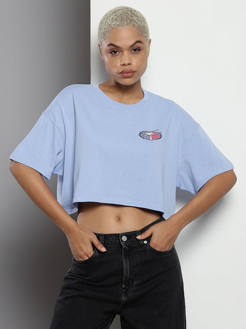 TOMMY HILFIGER Blue Cotton Printed Crop T-Shirt