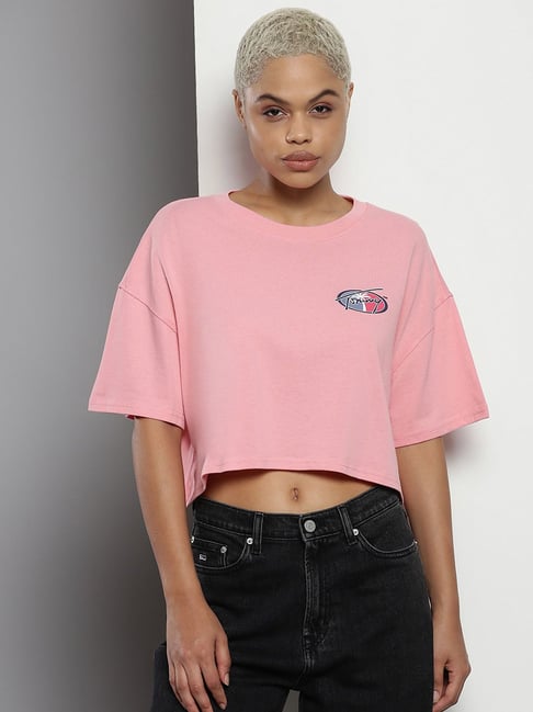 TOMMY HILFIGER Pink Cotton Printed Crop T-Shirt