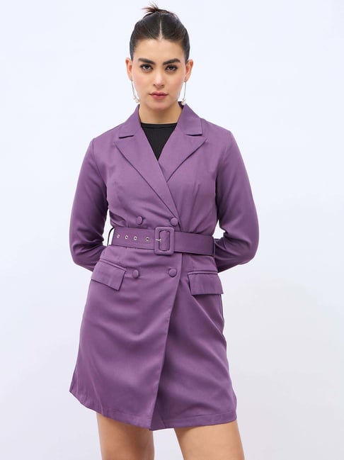 Styli Purple Plain Blazer A-Line Dress With Belt