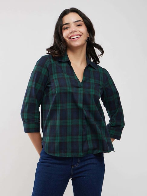 Fablestreet Green & Blue Cotton Checks Top-picture-24