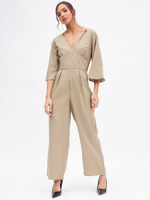 Kibo Khaki Crepe Solid Jumpsuit