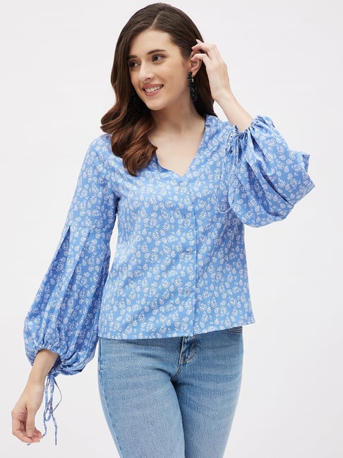 Kibo Blue Crepe Print Tops