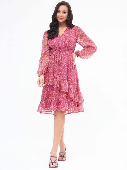 Kibo Pink Chiffon Print Knee Dress