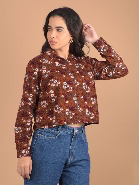 Crimsoune Club Brown & White Cotton Floral Print Shirt-picture-30