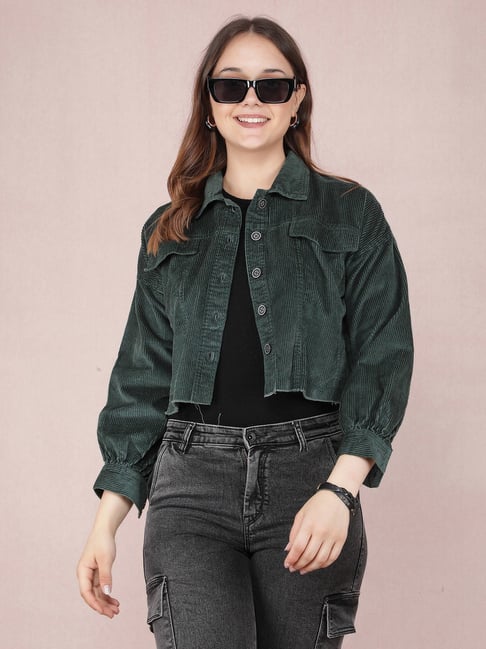 Crimsoune Club Women's Green Cropped Corduroy Shacket-picture-10