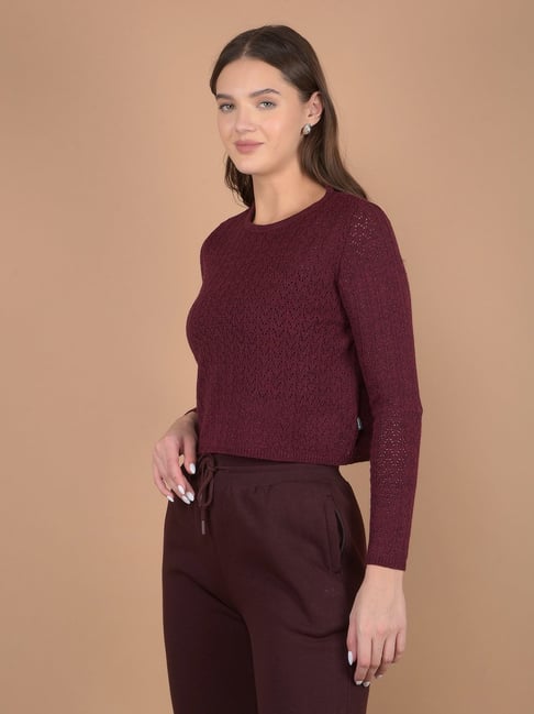 Crimsoune Club Wine Acrylic Self Design Crop Sweater-picture-31