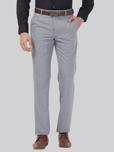 Park Avenue Grey Regular Fit Striped Trousers