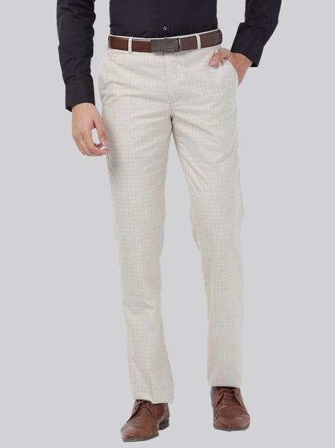 Park Avenue Beige Regular Fit Checks Trousers