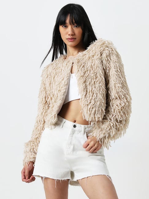 Nuon by Westside Beige Faux-Fur Jacket