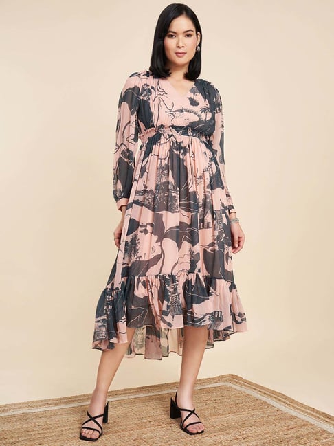 grey and peach dress Elegant Steel Grey Chiffon Dress With Peach Combination