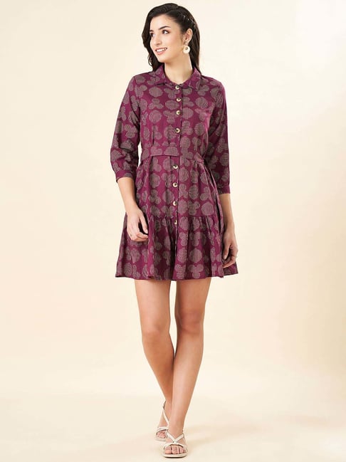 Akkriti by Pantaloons Purple Cotton Print A-Line dress Wrap Dress-picture-20