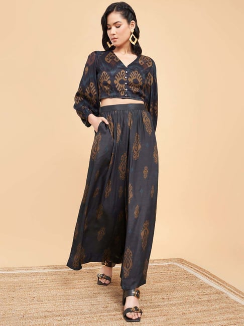 Marigold Lane Navy Cotton Printed Crop Top and Palazzo Set