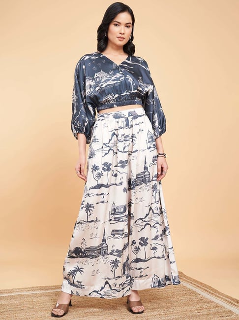 Marigold Lane Grey Printed Crop Top and Palazzo Set