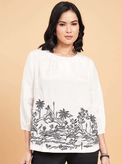 Marigold Lane White & Grey Cotton Embroidery Top