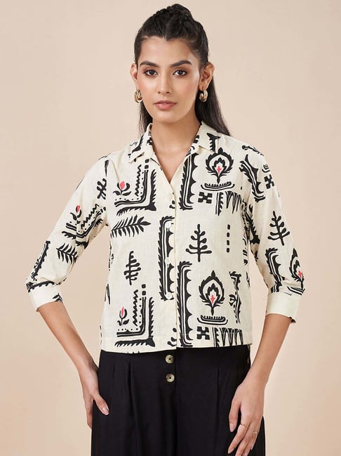 Akkriti by Pantaloons Beige Cotton Print Top