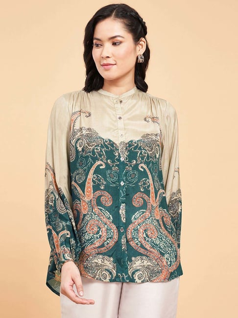 Marigold Lane Green & Beige Cotton Print Top