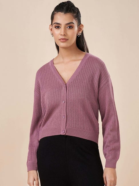 Akkriti by Pantaloons Purple Cotton Solid Cardigan-picture-18