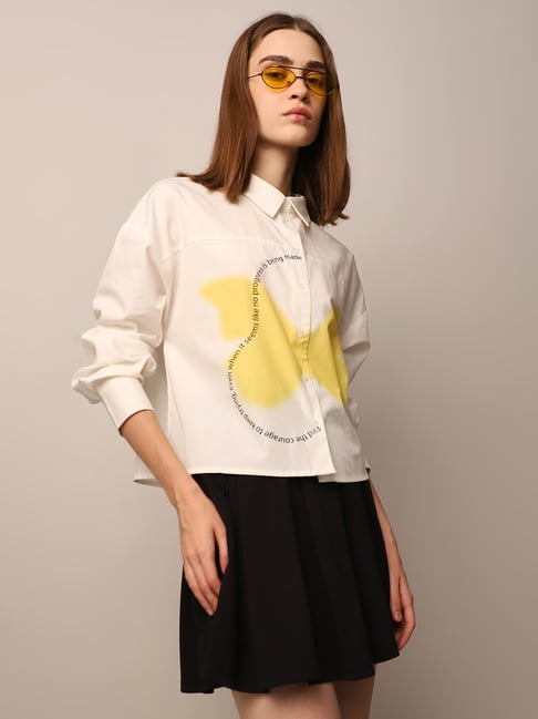 Only White & Yellow Cotton Graphic Print Shirt-picture-10