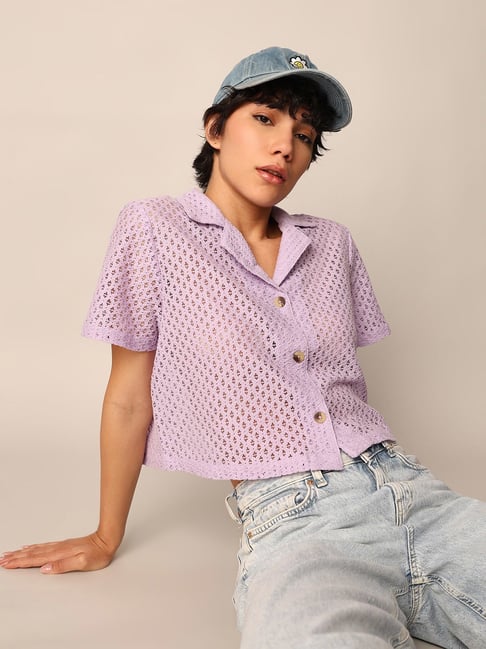 Only Lavender Cotton Self Design Crop Shirt-picture-22