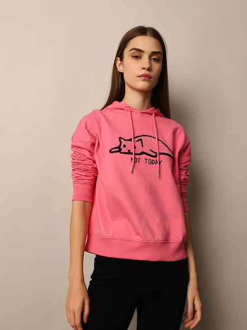 Only Pink Cotton Self Design Hoodie-picture-30