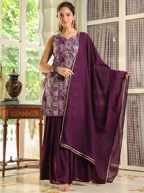 Janasya Purple Georgette Embroidered Suite Set