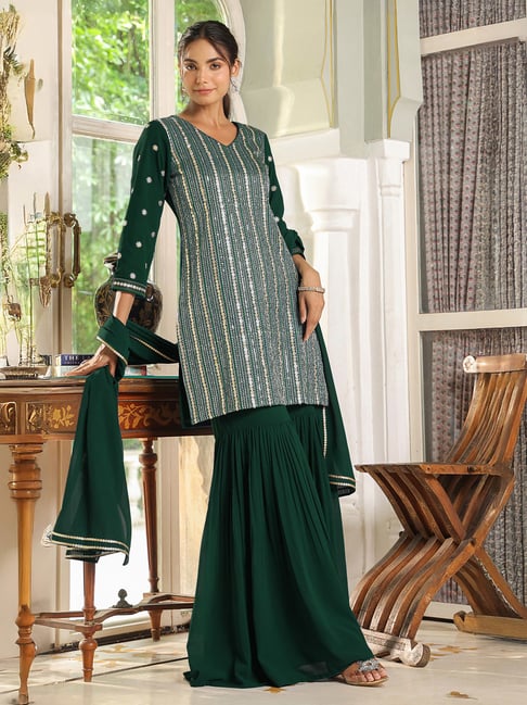 Janasya Bottle Green Georgette Sequined Suite Set