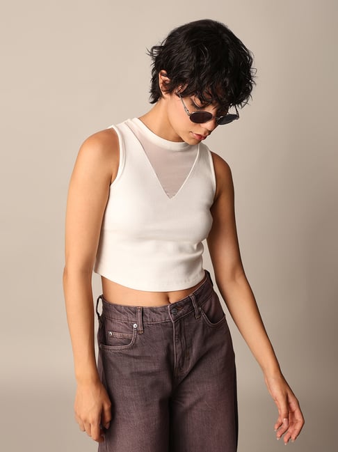 Only White Cotton Regular Fit Crop Top