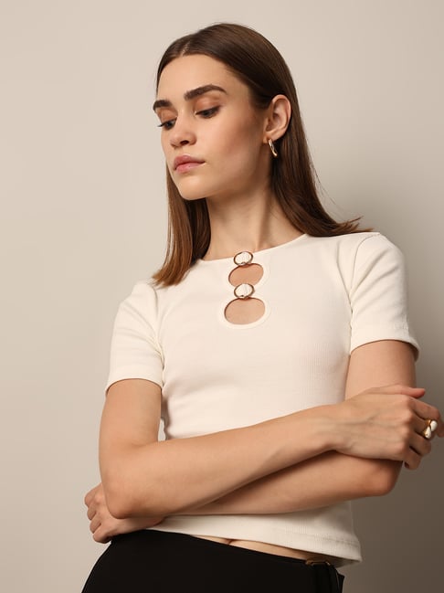 Only White Cotton Slim Fit Crop T-Shirt