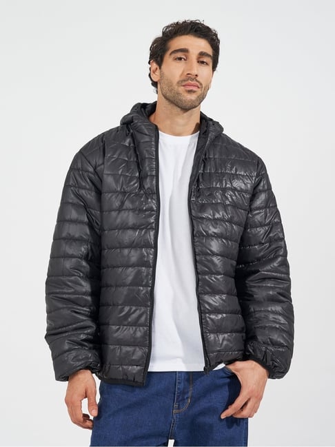Styli Black Regular fit Solid Puffer Jackets