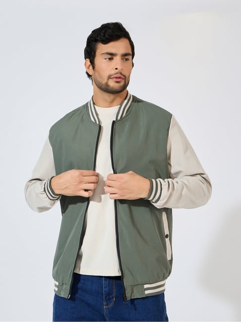 Styli Green Regular fit Colorblock Bomber Jackets