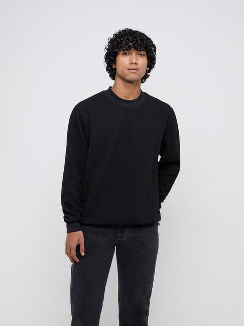 Ascot by Westside Black Ribbed Textured Relaxed-Fit Sweater