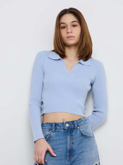 Crop Top Baby Blue Ladies Tops Nuon By Westside Light Blue Ribbed