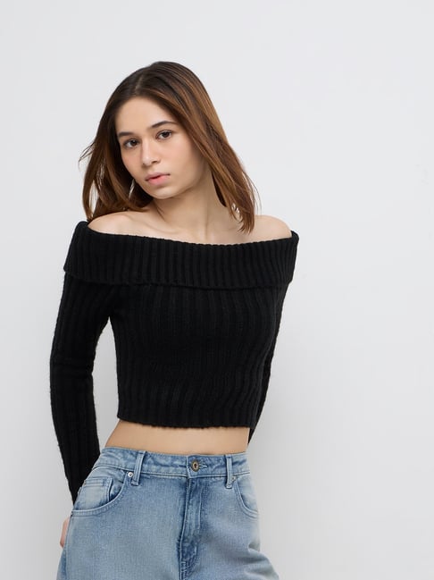 Nuon by Westside Black Ribbed Off-Shoulder Top