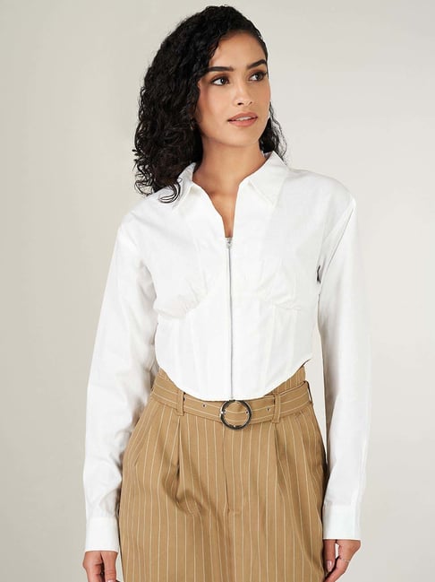 People by Pantaloons White Cotton Plain Crop Shirt-picture-41