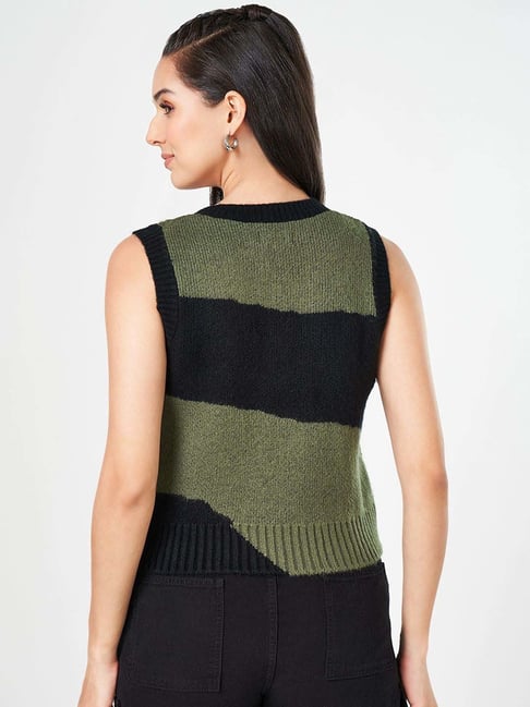 People by Pantaloons Green Black Color-Block Sweater