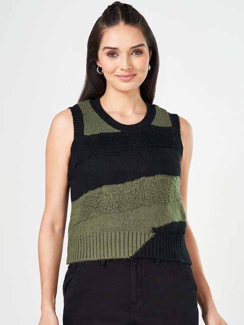 People by Pantaloons Green & Black Color-Block Sweater