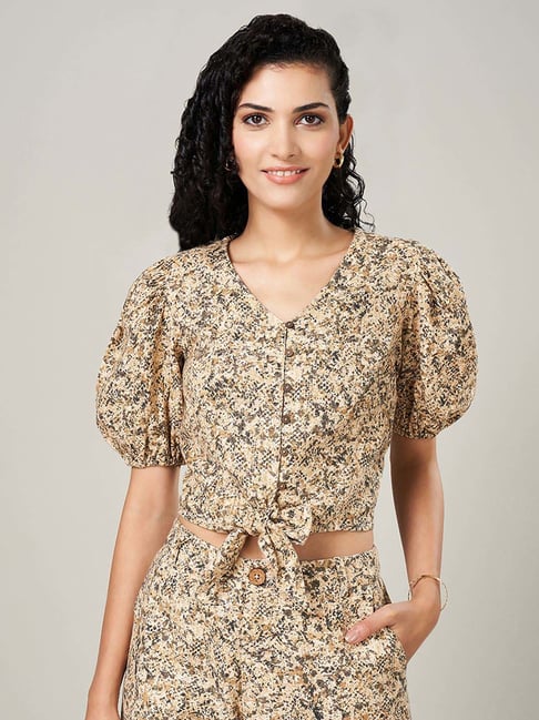 Honey by Pantaloons Khaki Cotton Printed Crop Top