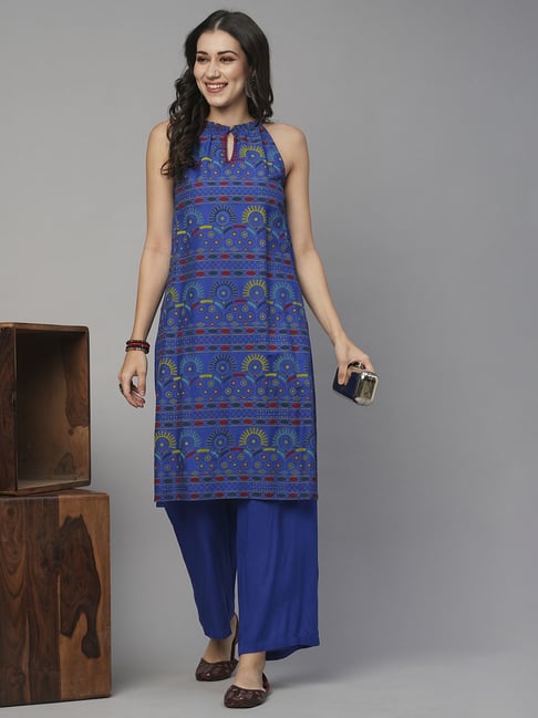 Globus Blue Rayon/Viscose Regular Fit Printed Kurta Sets
