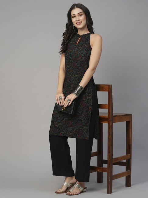 Globus Black Rayon/Viscose Regular Fit Printed Kurta Sets