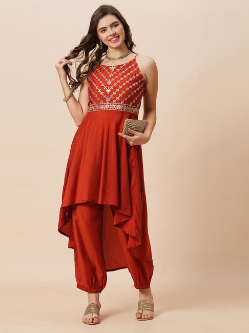 Globus Rust Polyster A-Line Embroidered Kurta Sets