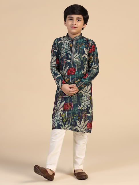 KISAH Boys Blue Floral Print Kurta Pyjama Set