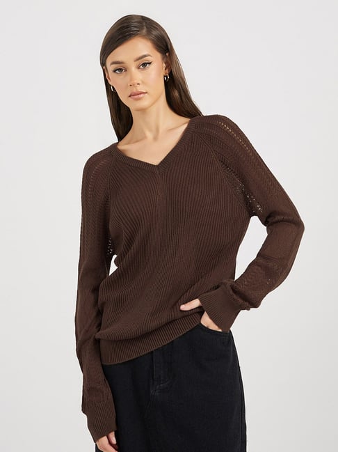 Styli Brown Acrylic Ribbed Sweaters-picture-30