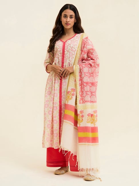 Jaipur Kurti White Printed Kurta Bottom Dupatta Set