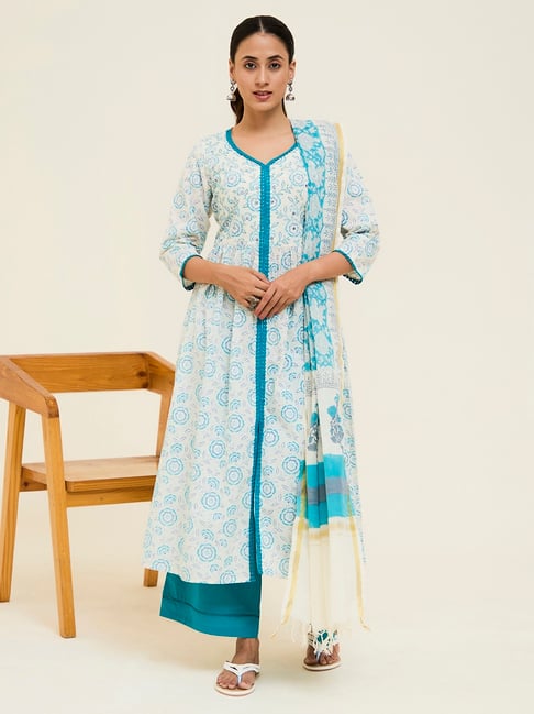 Jaipur Kurti White Printed Kurta Bottom Dupatta Set