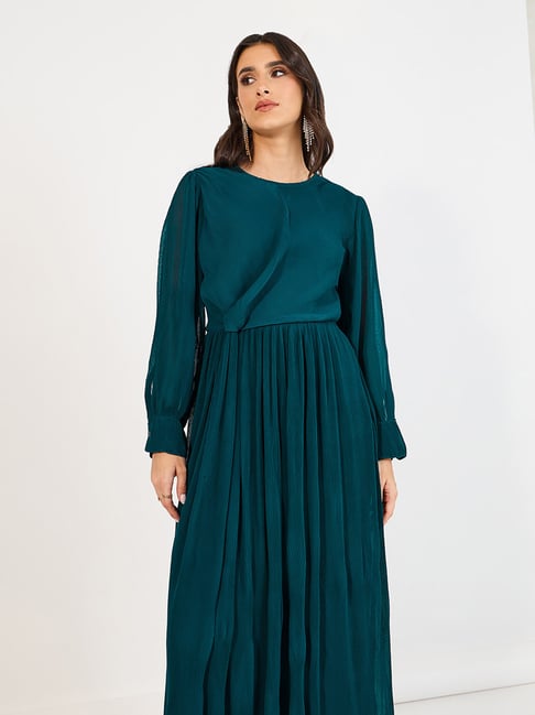 Styli Navy Blue Polyester Flared Dresses-picture-14