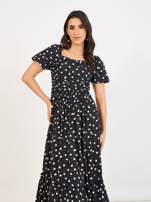Styli Black Polyester Flared Printed Dresses