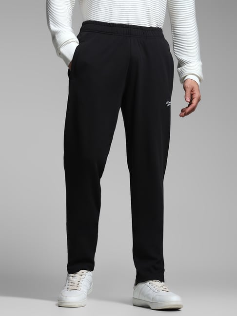 Jack & Jones Black Cotton Regular Fit Solid Trackpant