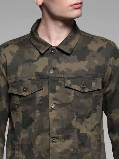 Jack & Jones Green Cotton Regular Fit Camouflage Jacket