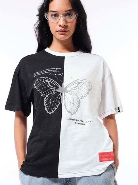Bewakoof Women's Black & White Anti Social Butterfly Graphic Printed Oversized T-Shirt