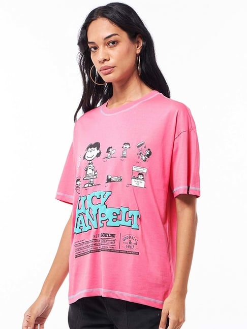 Bewakoof Official Peanuts Women's Pink Lucy Vanpelt Graphic Printed Oversized T-shirt
